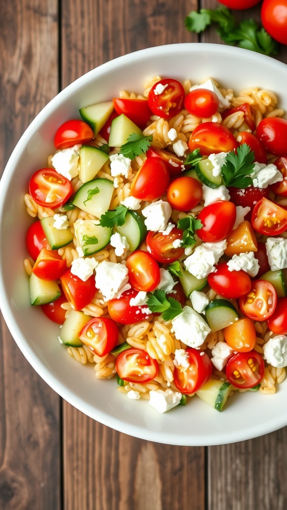 Mediterranean Orzo Salad with Greek Dressing A colorful Mediterranean orzo salad with tomatoes, cucumbers, feta cheese, and olives in a bowl on a rustic table.